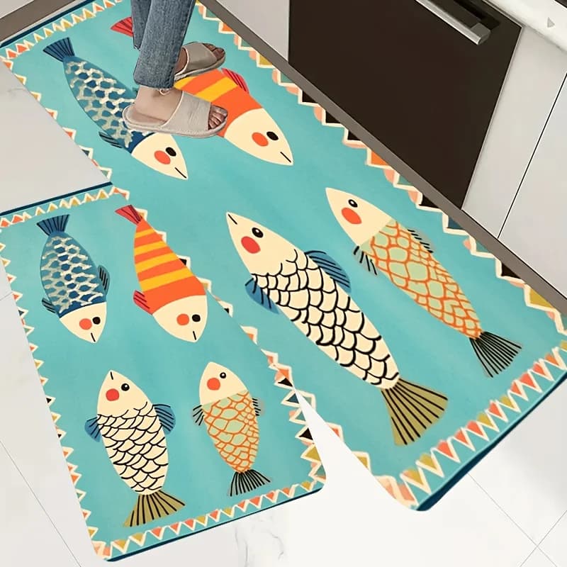 Tappeto Vivace con Stampa di Pesci Cartoon, Antiscivolo, per Soggiorno e Camera da Letto, Decorazione Casa, Stile Cartoon Giocoso