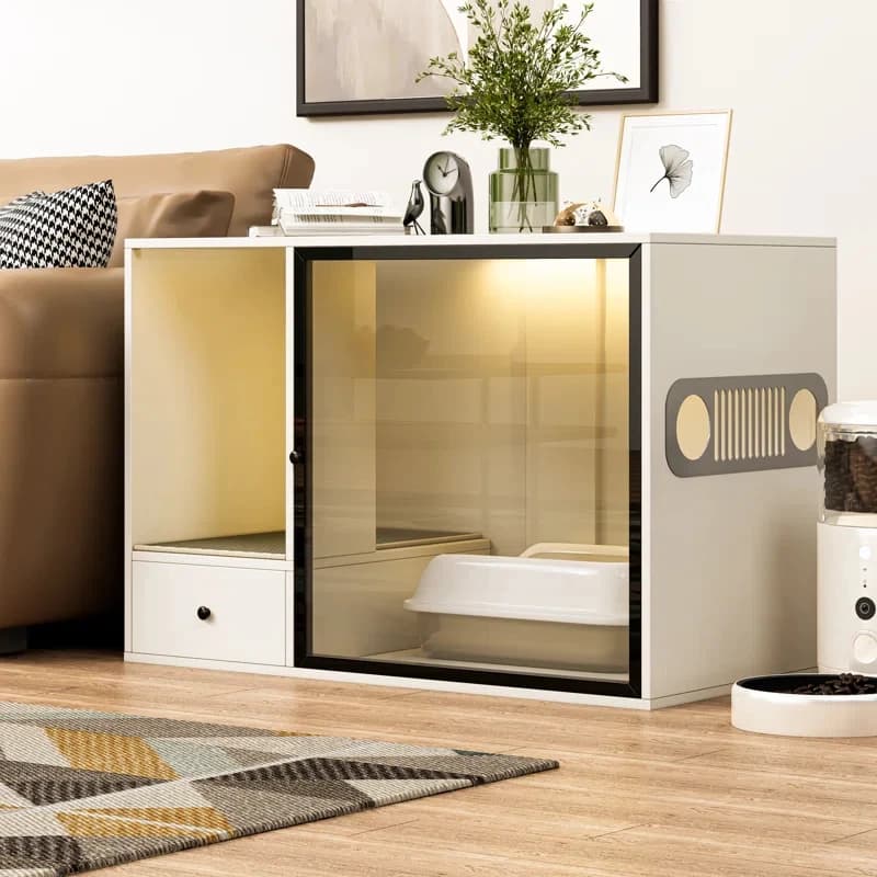 White Cat Litter Box Enclosure With Glass Door & Light - Pet Cabinet, Home Showcase, Curio Cabinet & Sideboard End Table