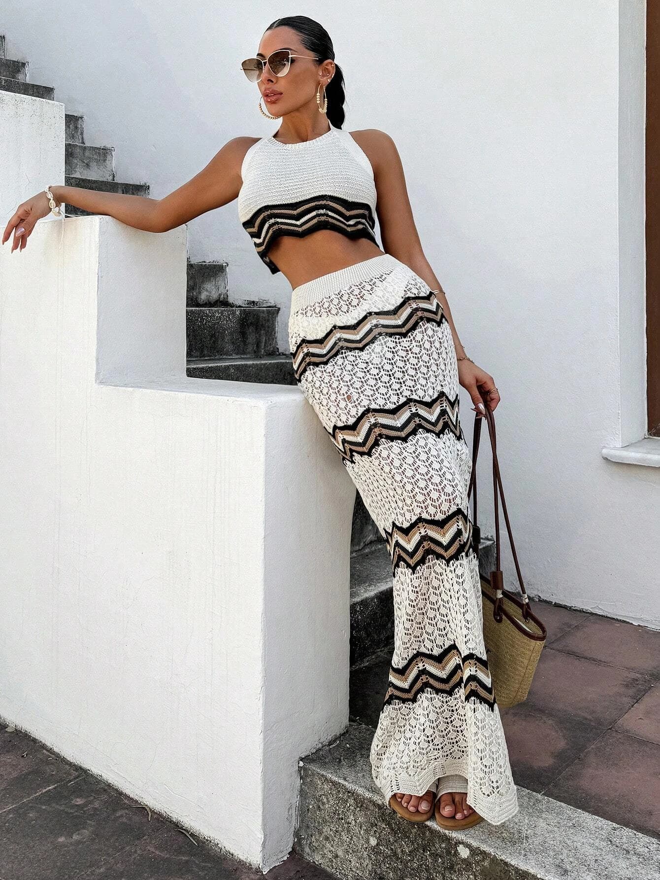 Women Striped Hollow Crochet 2 Piece Set Halter Crop Top Flare Maxi Skirt Casual Beach Vacation Outfit