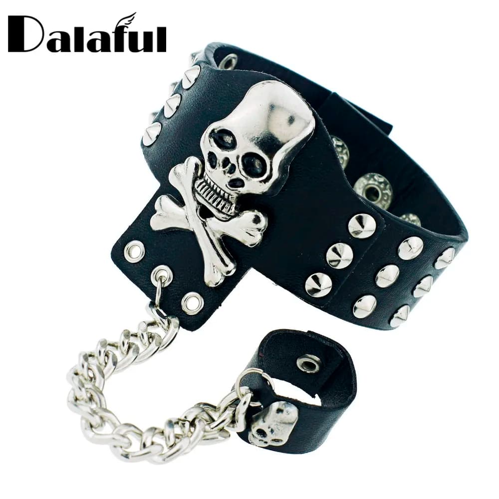 Gothic Skeleton Skull Chain Link Rock Rivet Cuff Black Leather Punk Unisex Fashion Bangle bracciale S054