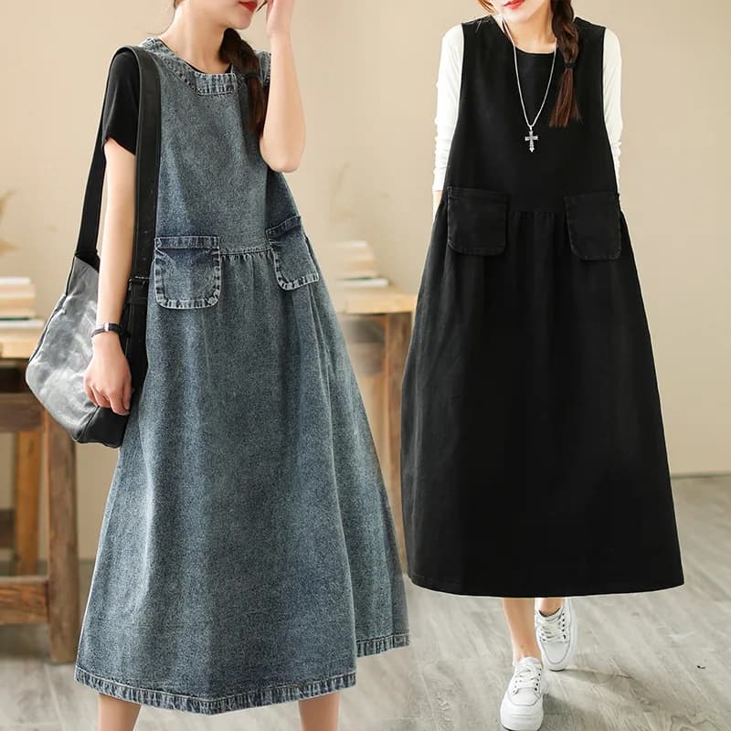 Washed out Sleeveless Denim Dress Double Pocket round Neck Vest Loose Tummy Cover Long A-Line Skirt Women's Summer Dress