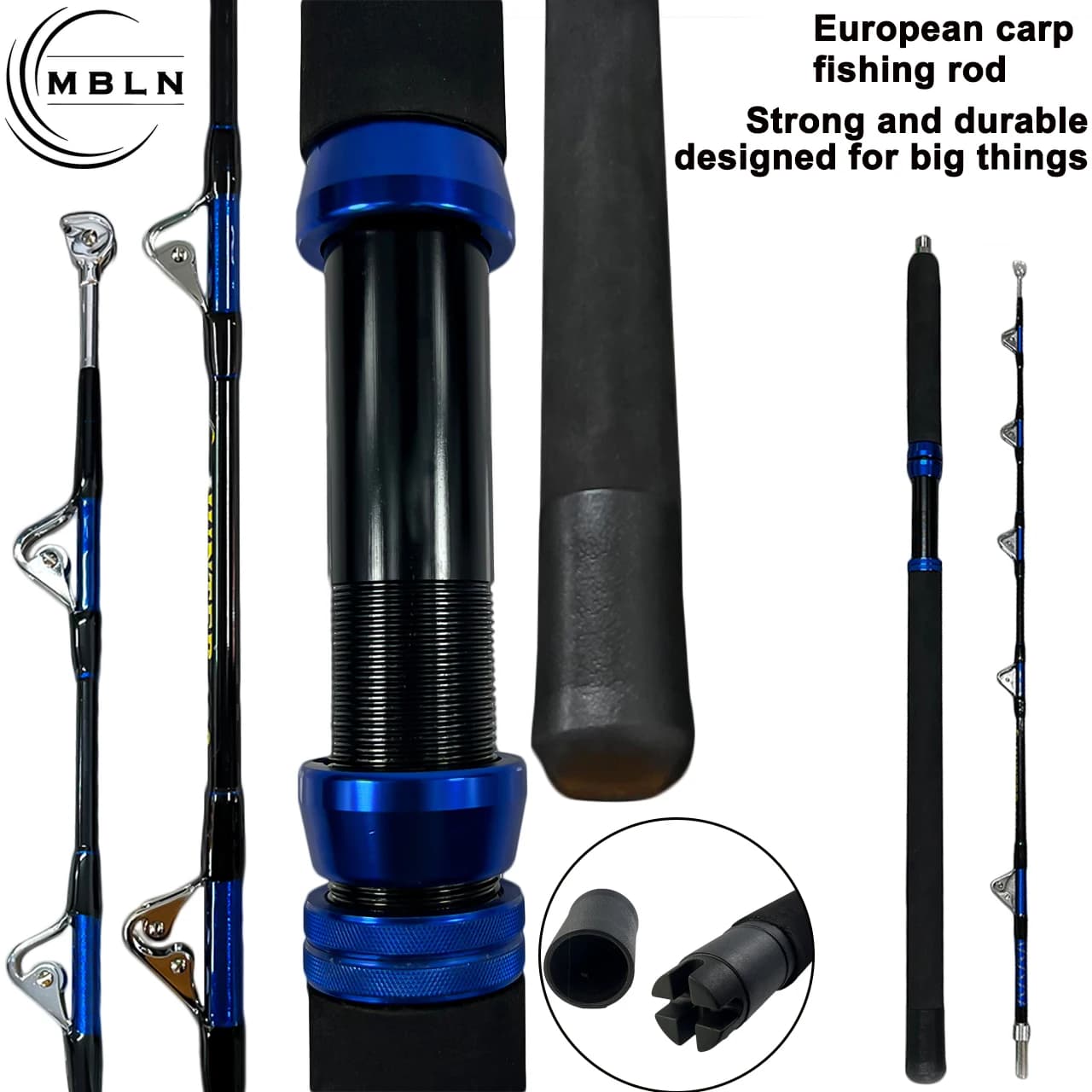 Fishing rod Surf Casting in Black and Blue Glass Fiber, Travel Design in 2 Pieces, Metal Roller Guides, EVA Grip, Sea and Boat Fishing