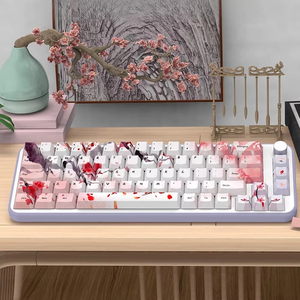 GEFENSI Ink Cherry Blossom Keycap Cherry Keycap Set PBT 138 158 Key ISO For 60/64/84/98/108 Gaming Mechanical Keyboard MX Switch