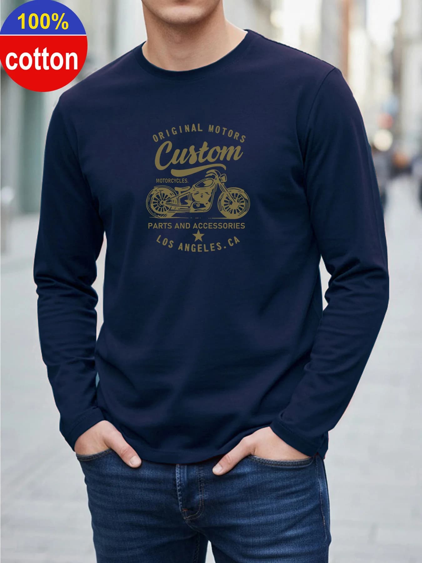 100% pure cotton t-shirt with long sleeves with round neckline, print with motorcycle pattern, versatile for spring and autumn.