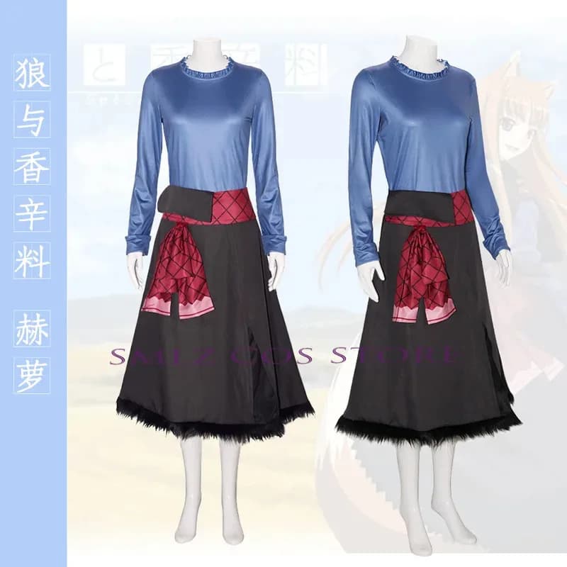 Holo Cosplay Anime Spice and Wolf Costume Blu Uniforme Camicia Abito Parrucca Set Halloween Party Gioco di ruolo Vestito per le donne