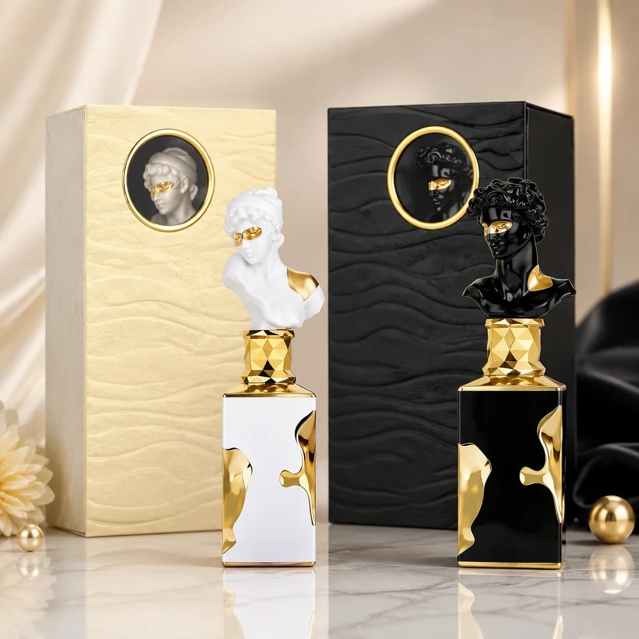 Couple Perfume Set for Him & Her, Sculpture Bust Cap Eau de Parfum 100ml Each, Luxury Black White Gold Decor Fragrance Spray, Unique Artistic Bottle Gift Set for Valentine Anniversary Birthday