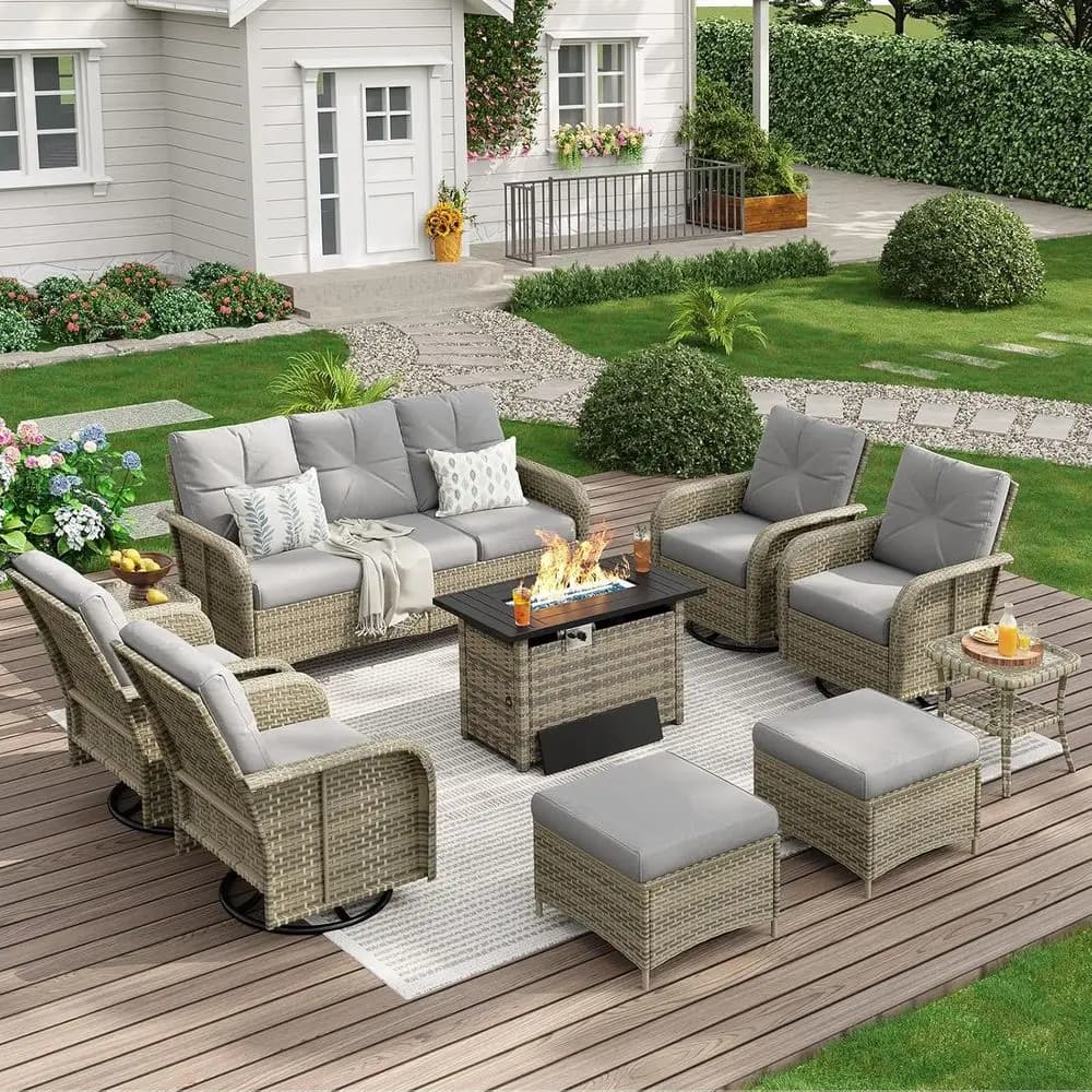 12-Piece Outdoor Patio Furniture Set with 44 Fire Pit, Swivel Chairs, Wicker Sofa & Cushions, Ideal for Backyard, Poolside, Gard