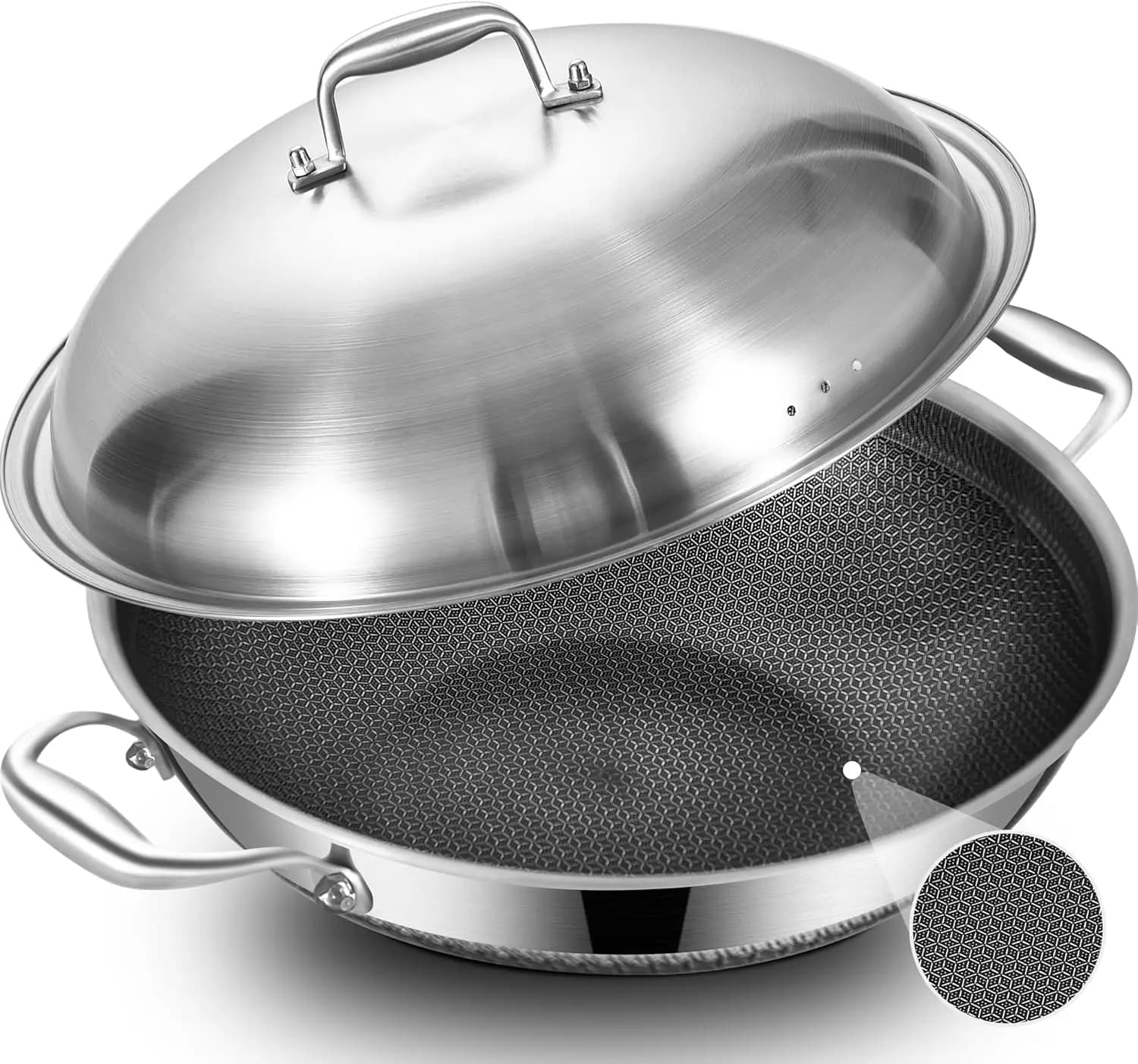 Padella Wok Ibrida in Ceramica Antiaderente da 14,5 Pollici con Coperchio in Acciaio - Padella per Saltare in Padella a Fondo Piatto Tri-Ply per Induzione, Senza PFOA