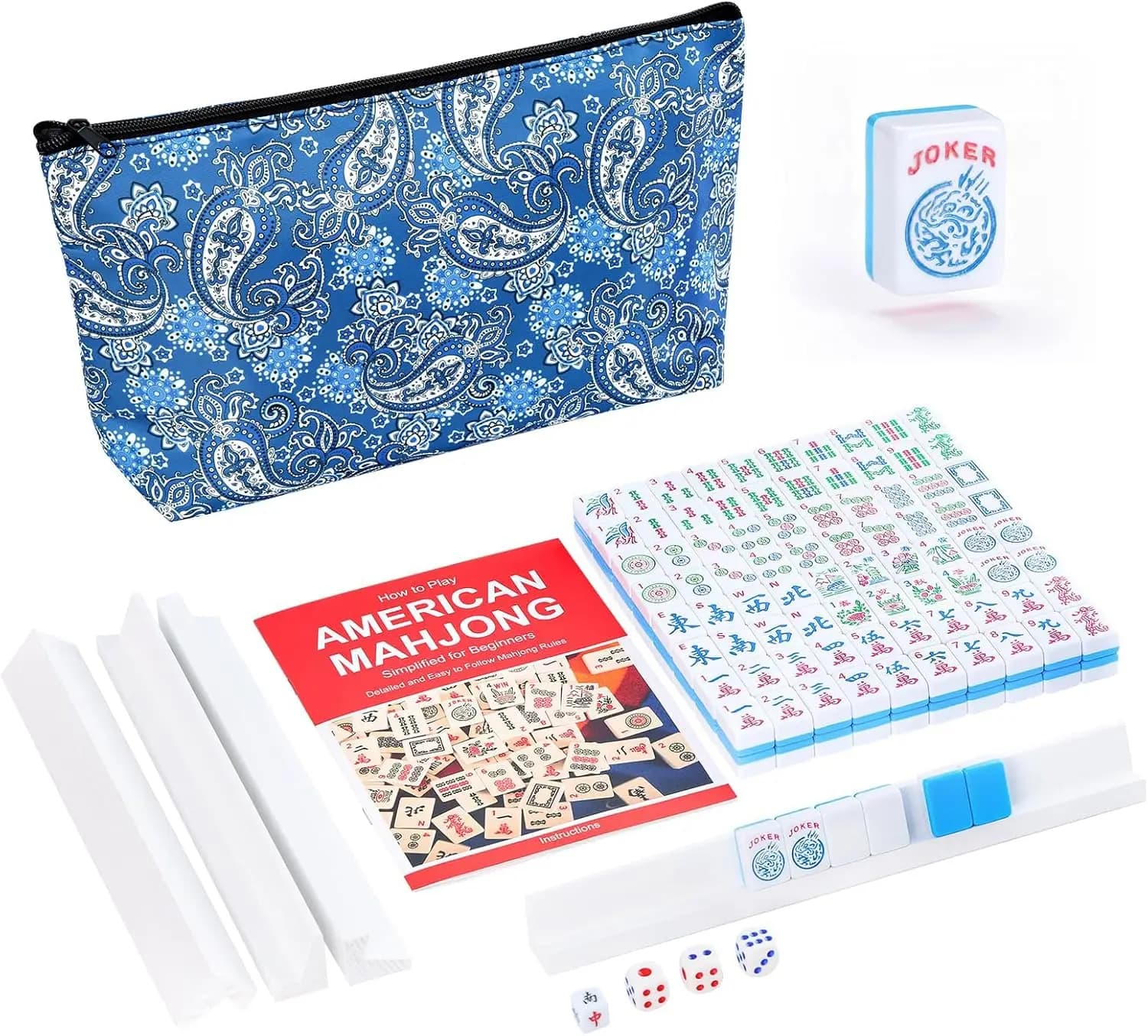 Mini Set Mahjong Americano, 166 Tessere Blu (2,4 cm), 4 Supporti, Borsa Blu Rinforzata, Portatile da Viaggio