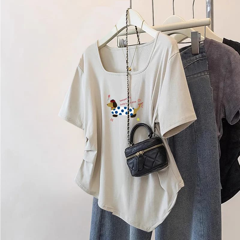T-shirt oversize a maniche corte da donna con design dolce e piccante, orlo asimmetrico che copre la pancia, top snellente estivo