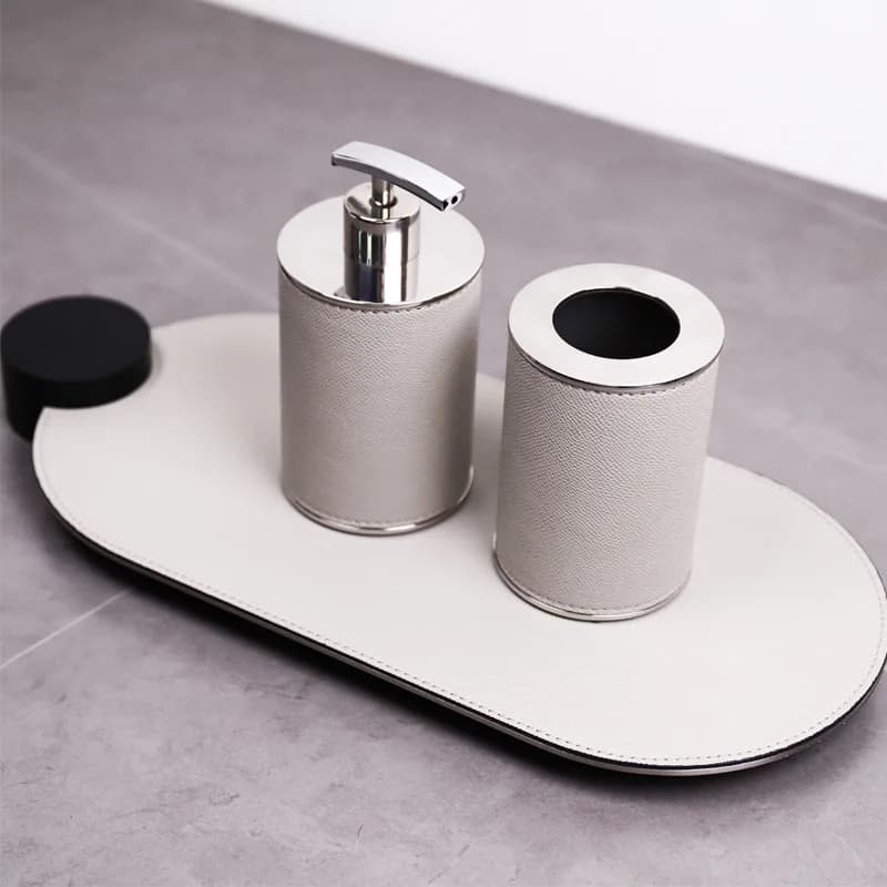Set Organizzatore per Bagno in Acciaio Inox e Pelle, Dispenser Sapone Fatto a Mano, Porta Spazzolino, Set Decorativo per Casa