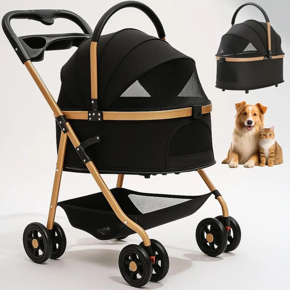 Passeggino pieghevole per animali domestici a 4 ruote per cani e gatti fino a 50 libbre, portapacchi rimovibile, portabicchieri, multifunzionale 3 in 1 (nero