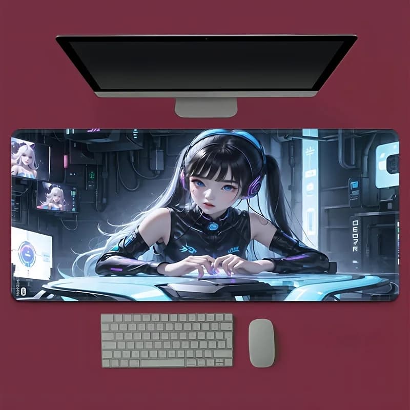 Tappetino per mouse da gioco Cyberpunk Anime Girl con circuito al neon 900x400mm, bordo cucito in gomma antiscivolo, tappetino da scrivania resistente all'acqua
