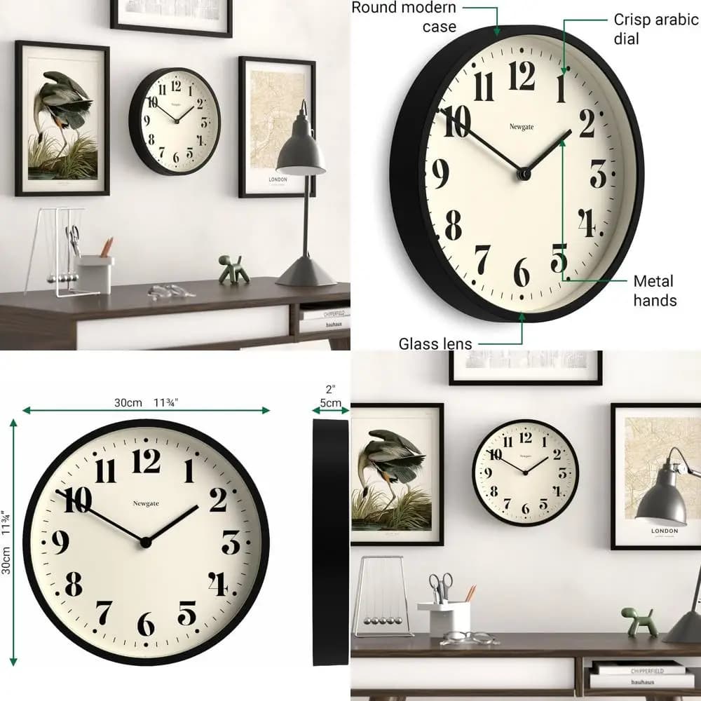 30cm Black Round Wall Clock with Decorative Numbers for Home, Kitchen, Living Room or Office