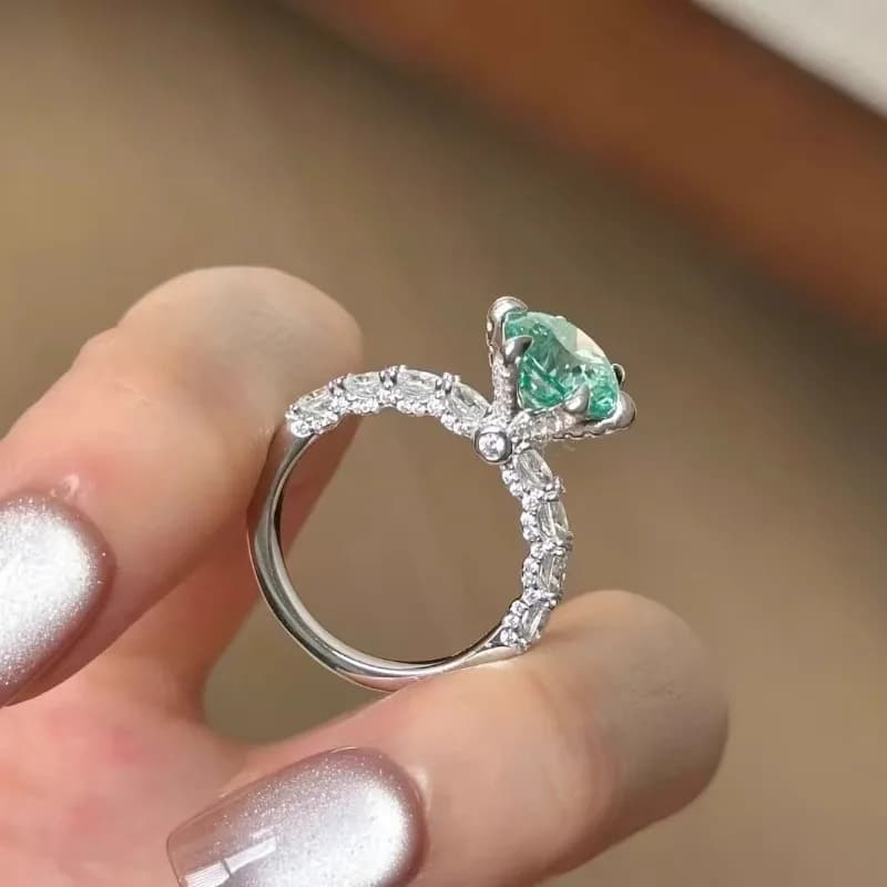 Anello Ondulato Verde Menta Paraiba, Anello di Lusso con Diamante Verde per Donne