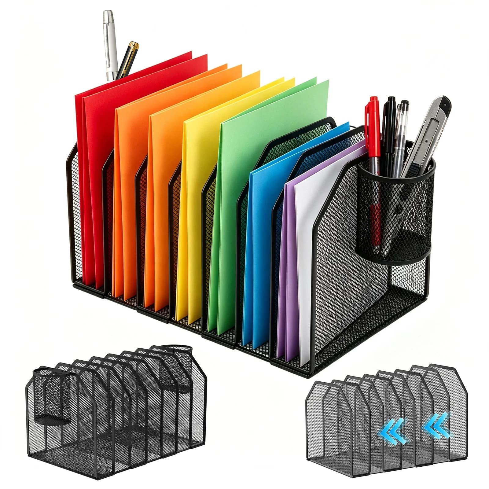 5/7 Compartments Vertical Desktop File Holder Stand Metal Grid Bookshelf Office File Storage box Folder Shelving
