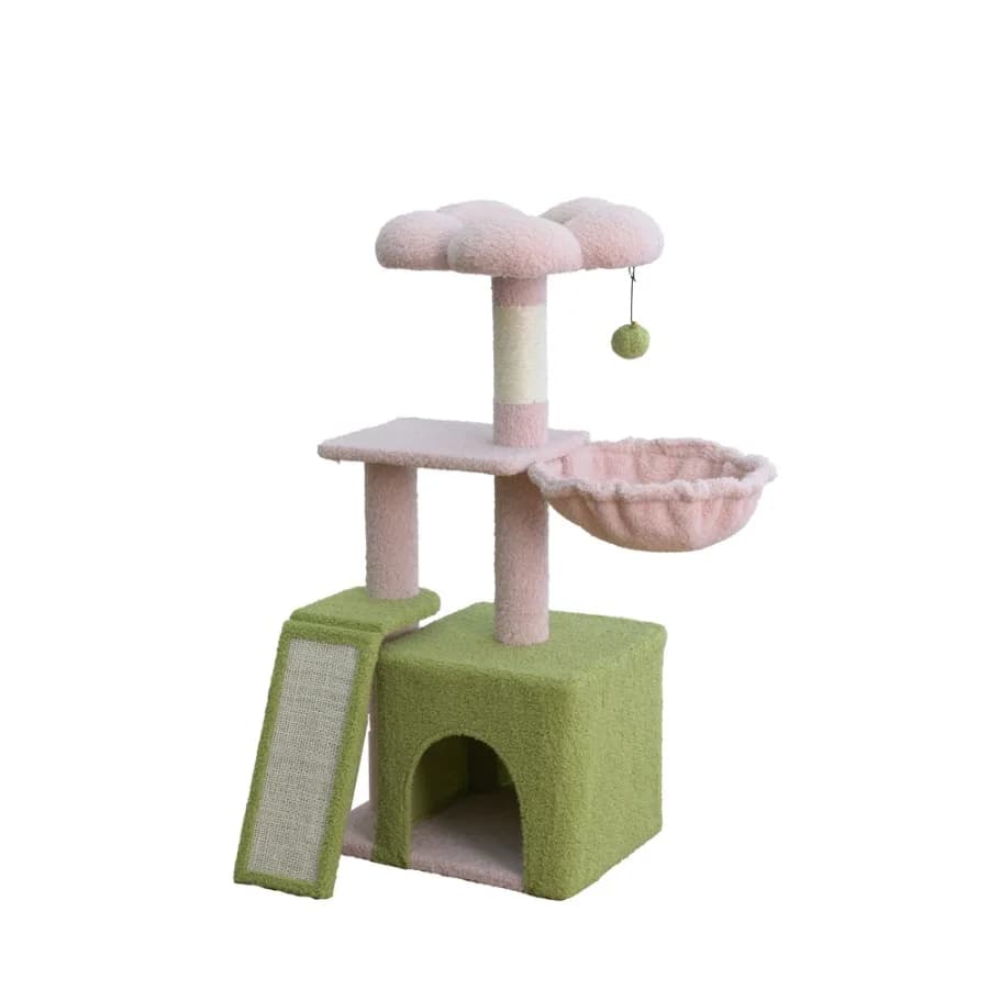 Medium 4-Level 35" Flower Cat Tree with Condo and Hammock Pink and Green