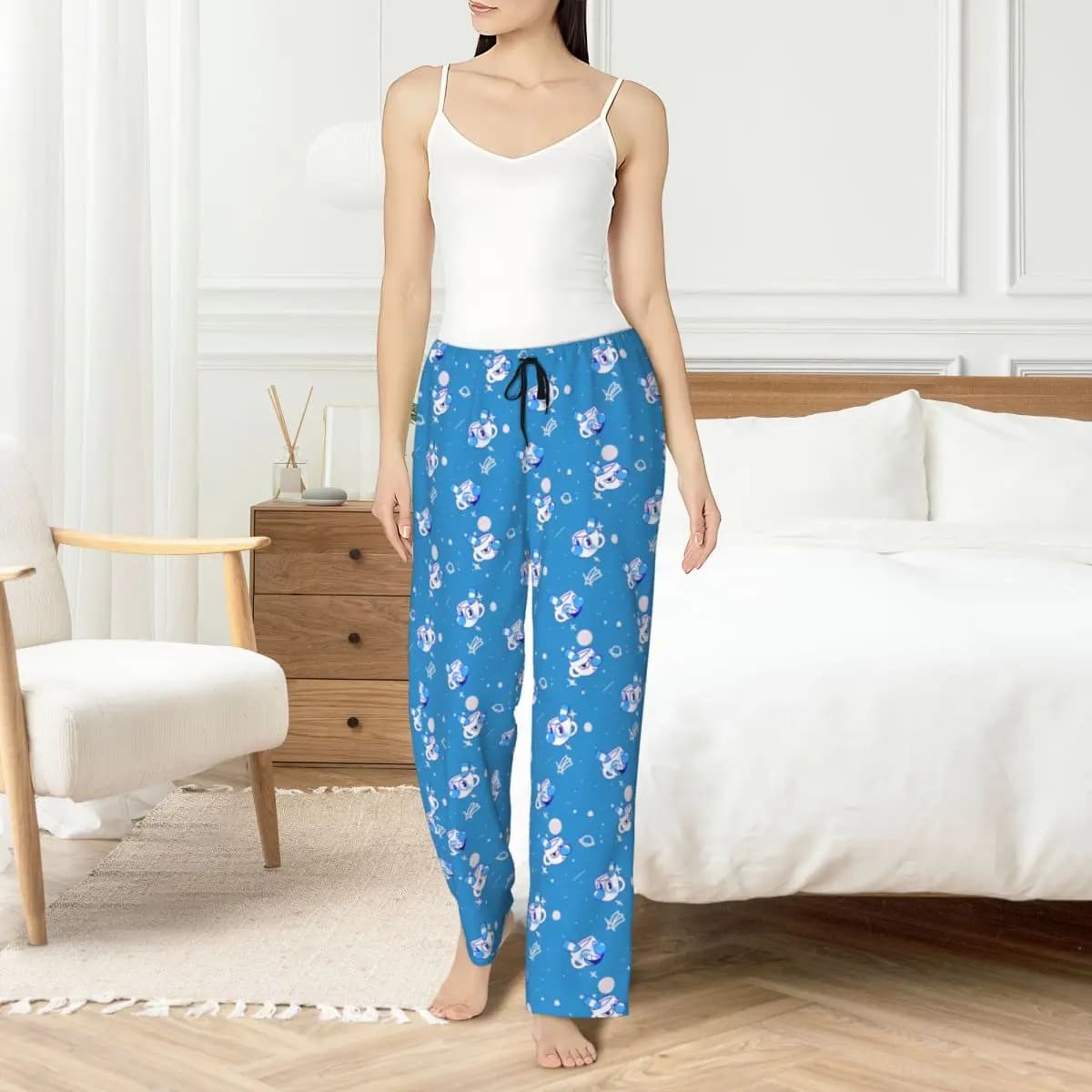 Pantaloni pigiama personalizzati Cuphead e Mugman Pantaloni da notte da donna per giochi anime Pantaloni da notte elasticizzati con tasche