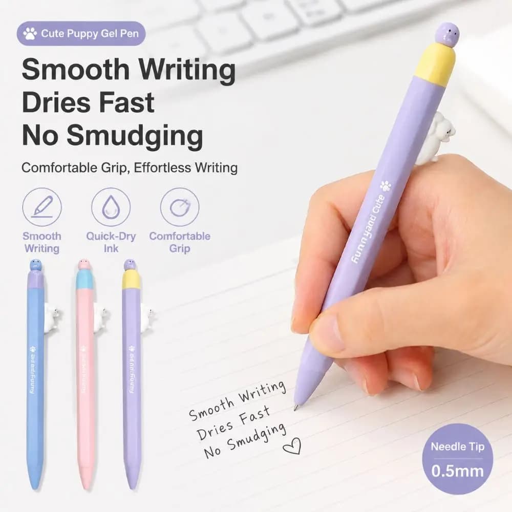 3pcs Cute Puppy Magnetic Gel Pen 0.5mm ST Tip Retractable Ballpoint Pen Smooth Writing Quick Dry Signature Pen Students