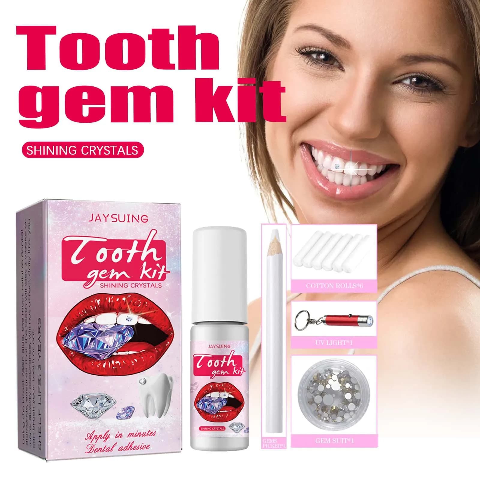 Kit di gemme per denti Jaysuing Spice Girl, gioielli facili da rimuovere e da installare, decorazioni per denti con cristalli, bastoncini brillanti per decorare i denti.