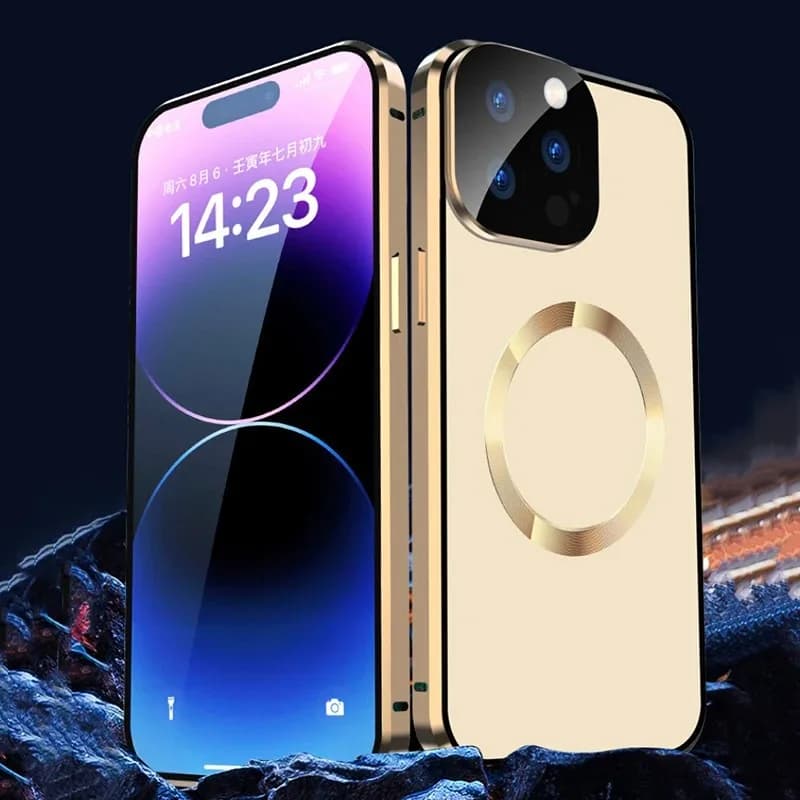 Cover per iPhone 12 13 14 15 16 17 Pro Max 360 ° Cornice magnetica in metallo con protezione completa per l'obiettivo + copertura in vetro a doppia faccia