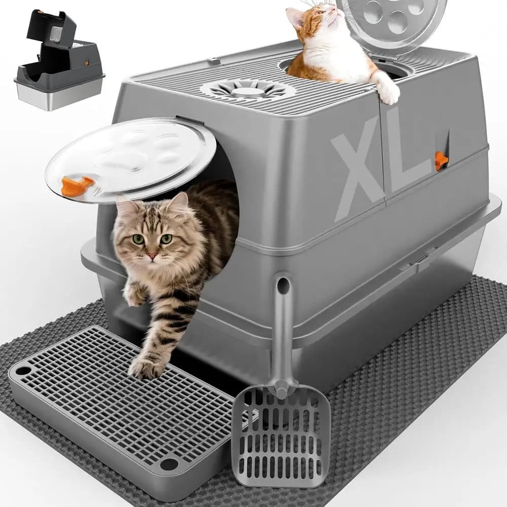 Lettiera per Gatti Extra Large in Metallo Chiusa con Coperchio, Bordi Alti, Facile da Pulire, Anti-Perdita, Grigia