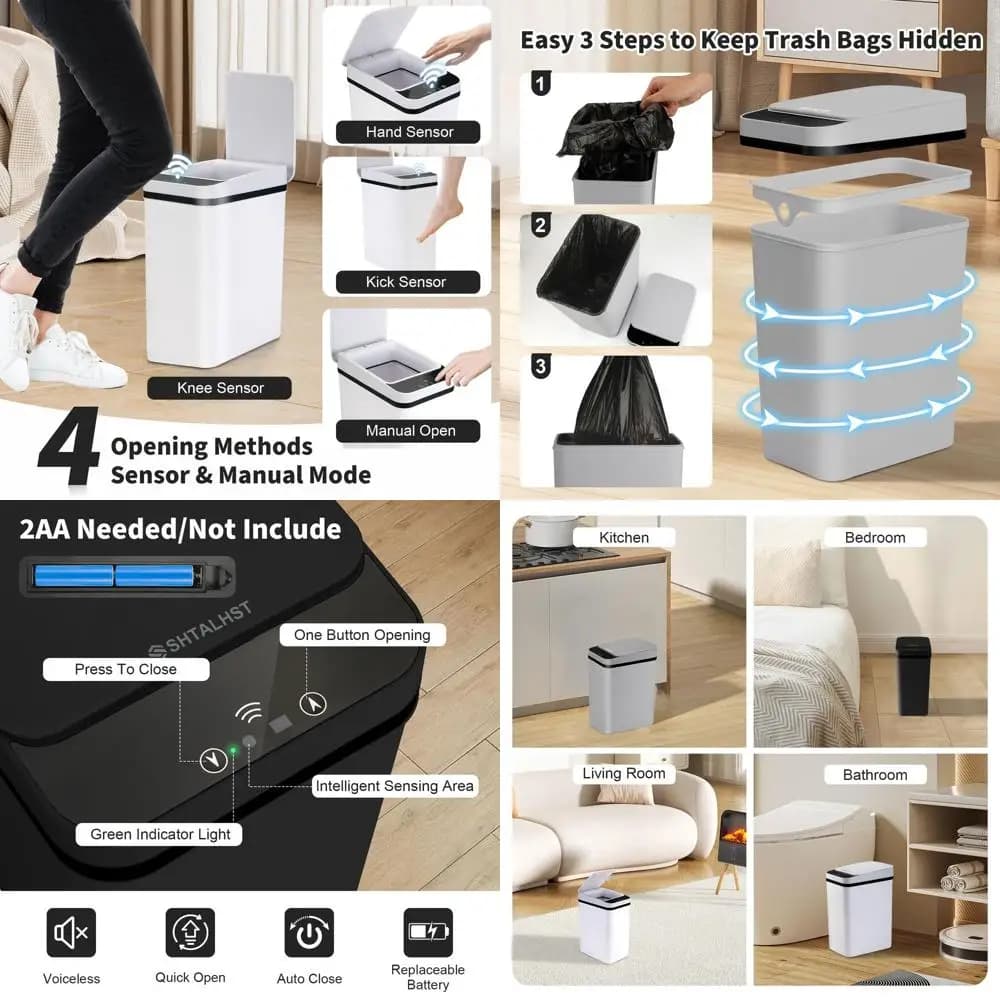 Confezione da 3 bidoni della spazzatura senza contatto, design sottile da 2,5 galloni, contenitori per rifiuti attivi dal movimento in nero, grigio, bianco per casa e ufficio