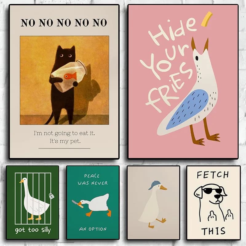 Animali divertenti Cartoon Gabbiano Simpatico gatto nero Cane Silly Goose Illustrazione Poster Immagini di arte della parete Pittura su tela Decorazioni per la casa