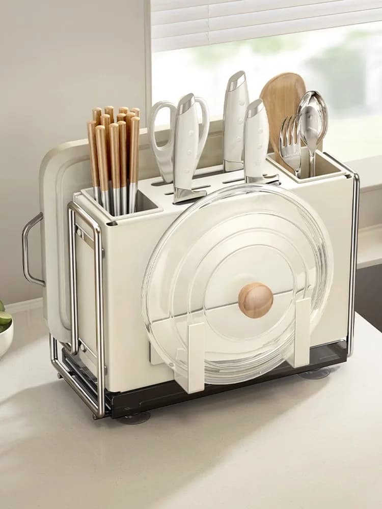Kitchen Knife Rack Multi-Function Ins Style Countertop Chopstick Cage Cutting Board Stand Integrated Storage Carbon Steel