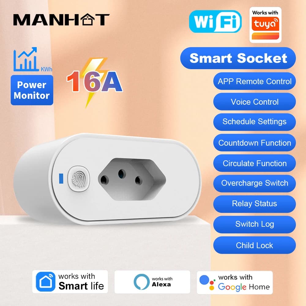 MANHOT Presa Intelligente Brasiliana WiFi 16A per Tuya con Monitoraggio Consumo Energetico, Controllo Remoto tramite APP, Compatibile con Alexa e Google Home