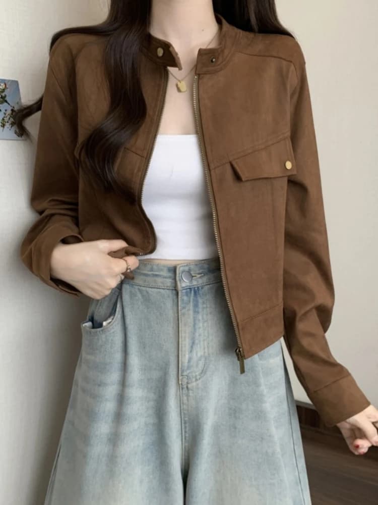 Chic Short Biker Jacket Women's Autumn Large Size Faux Suede Velvet Jacket Shoulder Appropriate Commute Style Zipper Design