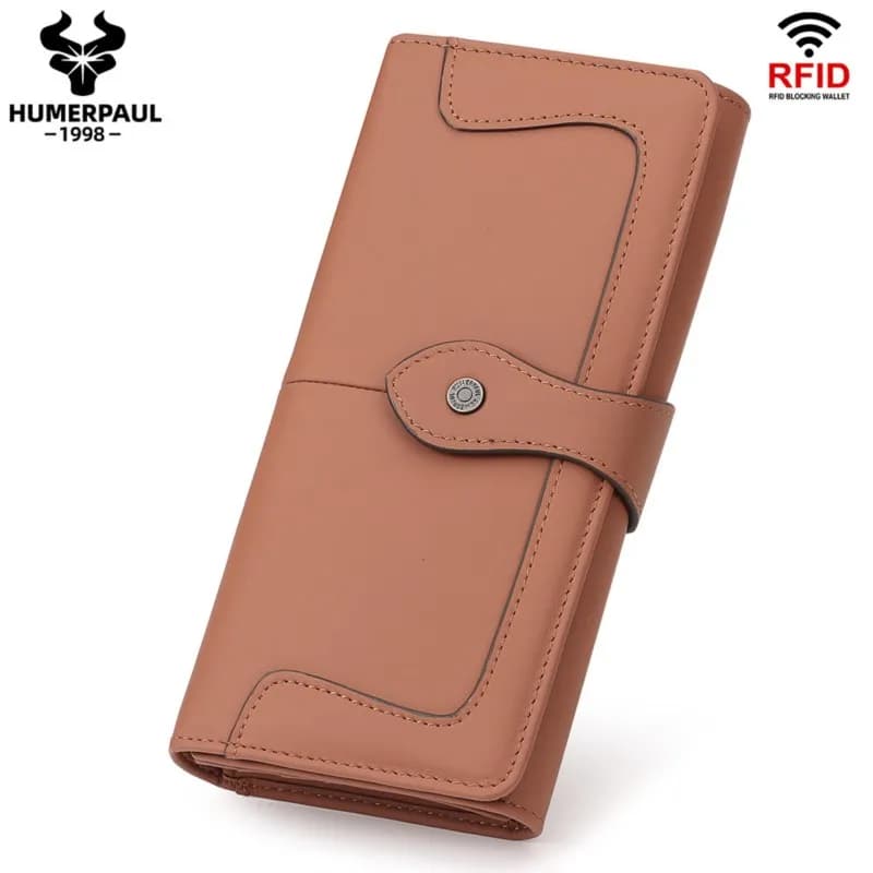 Portafoglio lungo da donna con blocco RFID Porta carte di credito antifurto multi-slot in vera pelle bovina Borsa per telefono portatile alla moda