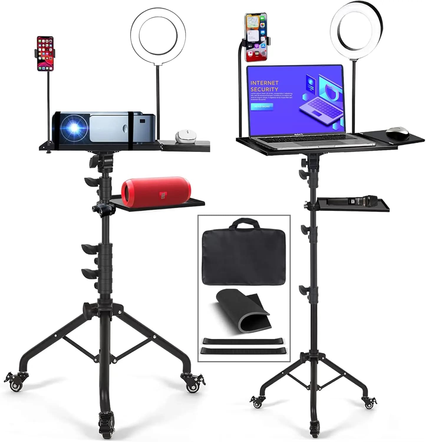 Supporto per treppiede per proiettore regolabile con ruote, luce a LED per streaming e riunioni