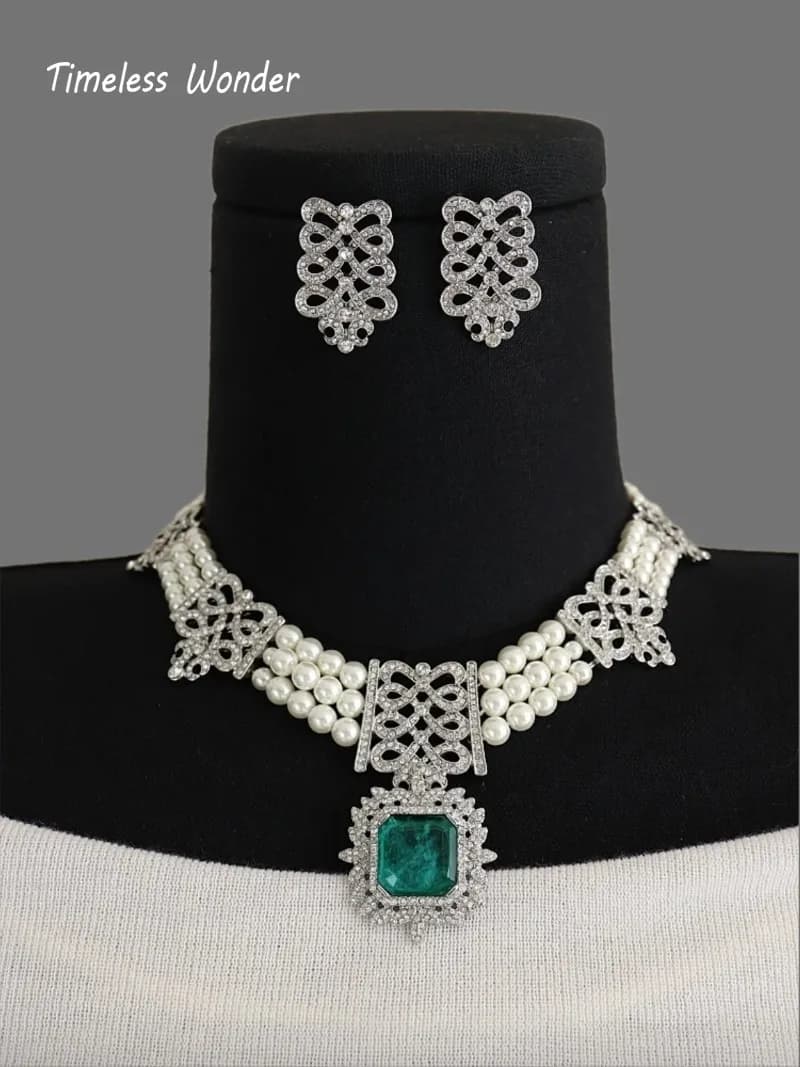 Intemporale Wonder Fancy Crystal Zircon Geo Glass Pave Collana Orecchini a bottone Set di gioielli firmati da donna Sweet Top Rare di classe 4612
