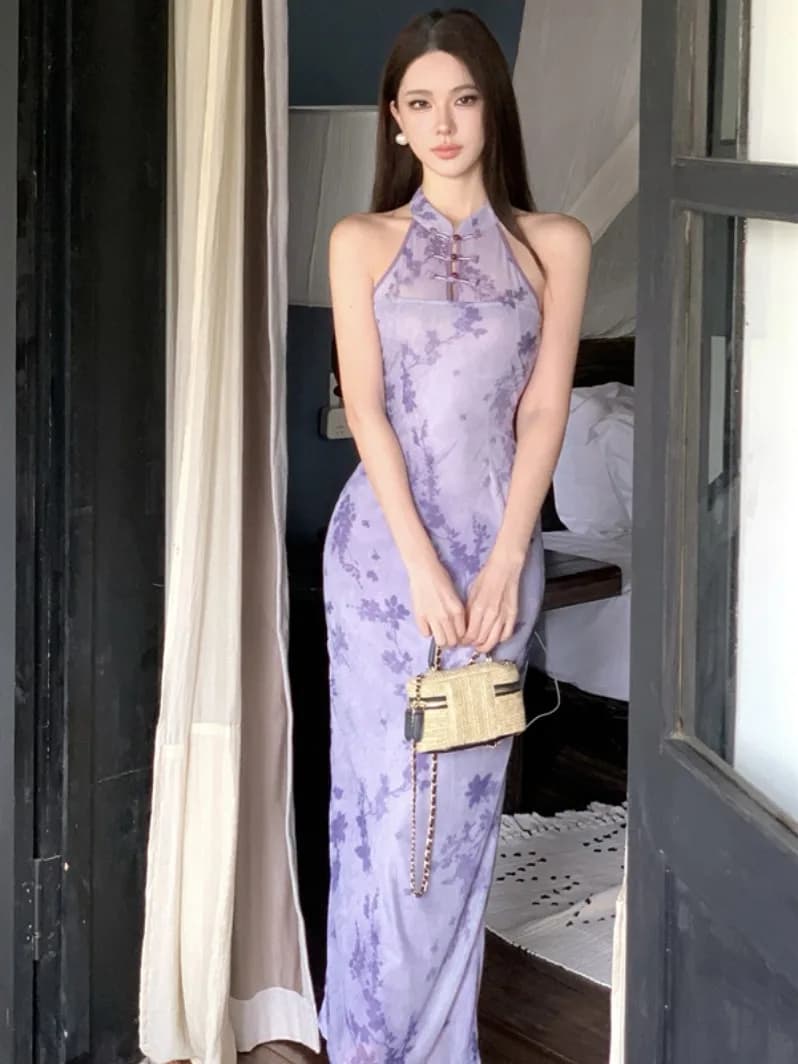Elegant Vintage Purple Floral Print Neckline Dress Bodycon Slit Improved Wrap Long Skirt for Young Women