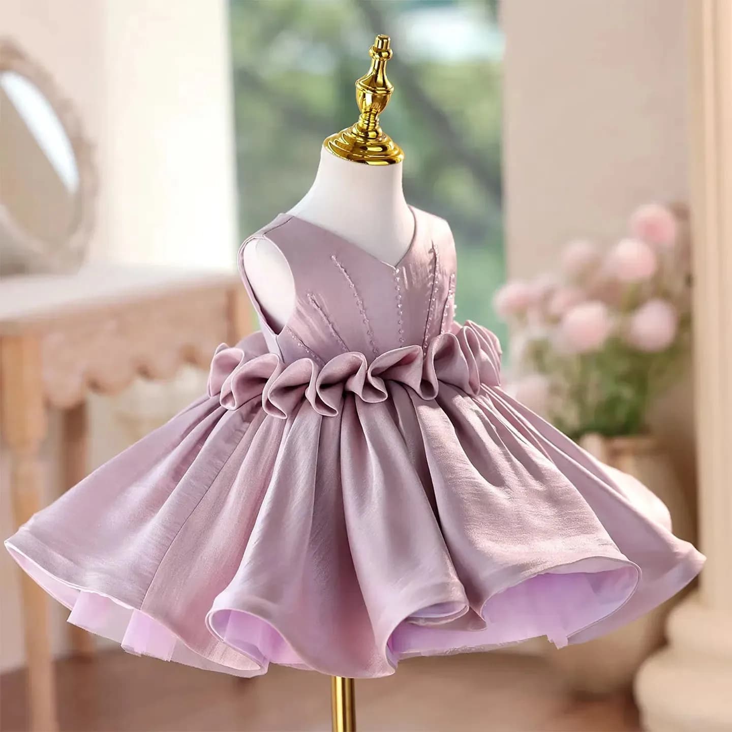 Elegante Abito da Damigella Lilla Personalizzato in Raso con Scollo a V Lunghezza al Ginocchio per Bambine, Ideale per Matrimoni, Compleanni, Feste e Cerimonie