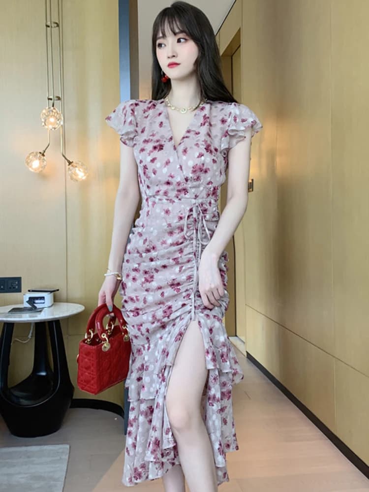 Abito floreale romantico in stile coreano da donna, per le vacanze, graziosi volant, con spacco a pieghe, a coda di pesce, per feste, abiti da spiaggia, abiti da vacanza