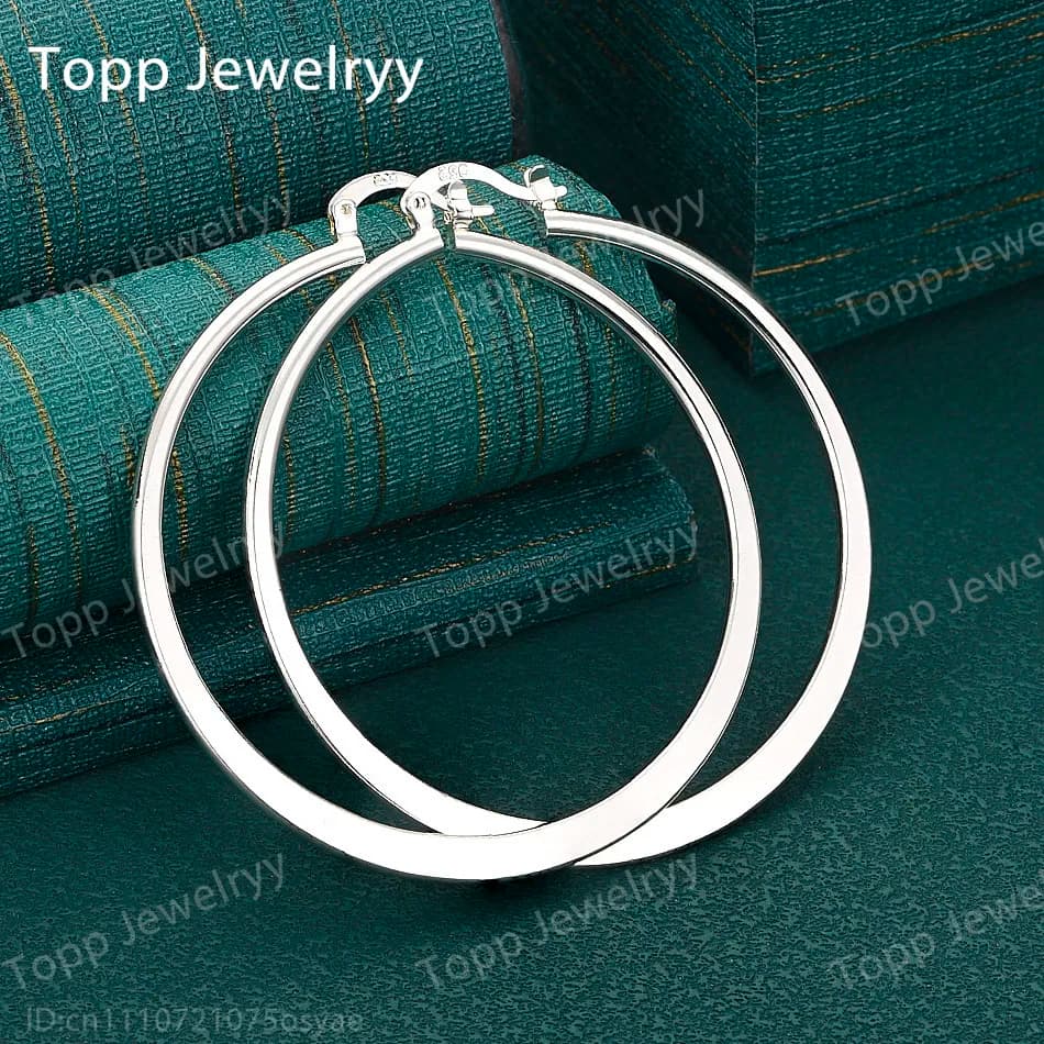 Luxurious 925 Sterling Silver 55mm Flat Round Large Earrings Fashion Women's Jewelry Wedding Gift