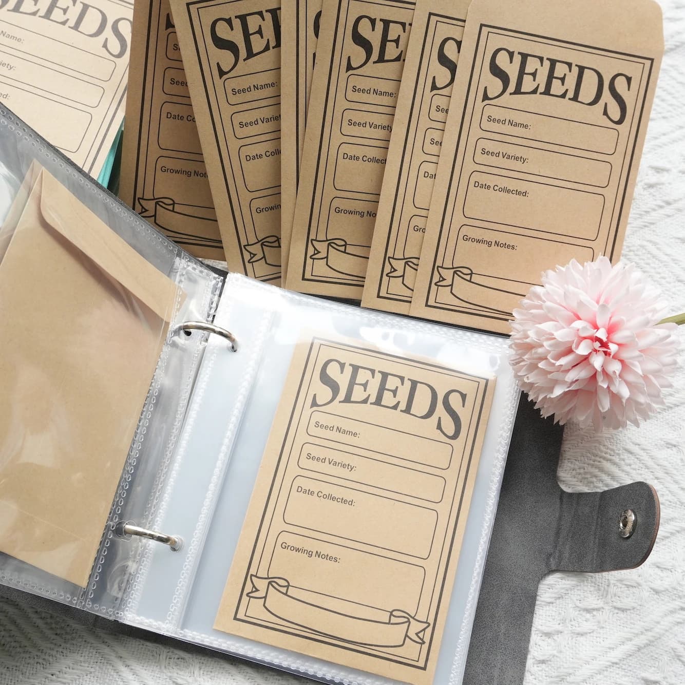 Fromthenon Semi di Stoccaggio 2 Fori Sciolto Foglia PU Album in Pelle Notebook Planner 50PCS Riutilizzabile Busta di Stoccaggio Forniture di Cancelleria
