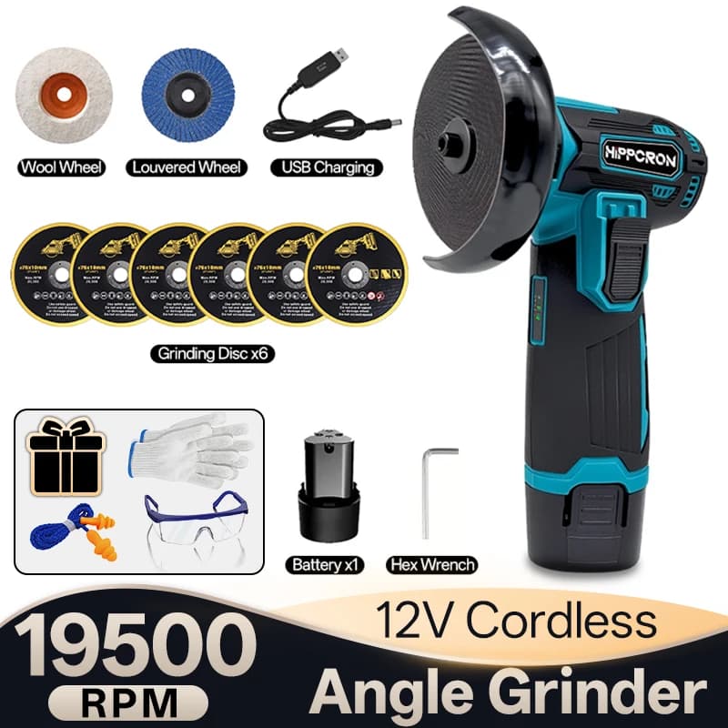 Hippcron 12v Angle Grinder Polishing Grinding Tool Lithium Battery USB Charging 19500rpm For Cutting/Grinding/Removing/Planing