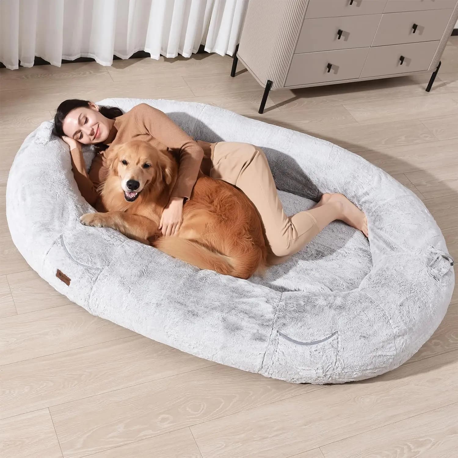 Letto Grande in Memory Foam per Animali Domestici e Umani, 74x50x12 Pollici, Copertura Impermeabile Lavabile, Grigio Bianco