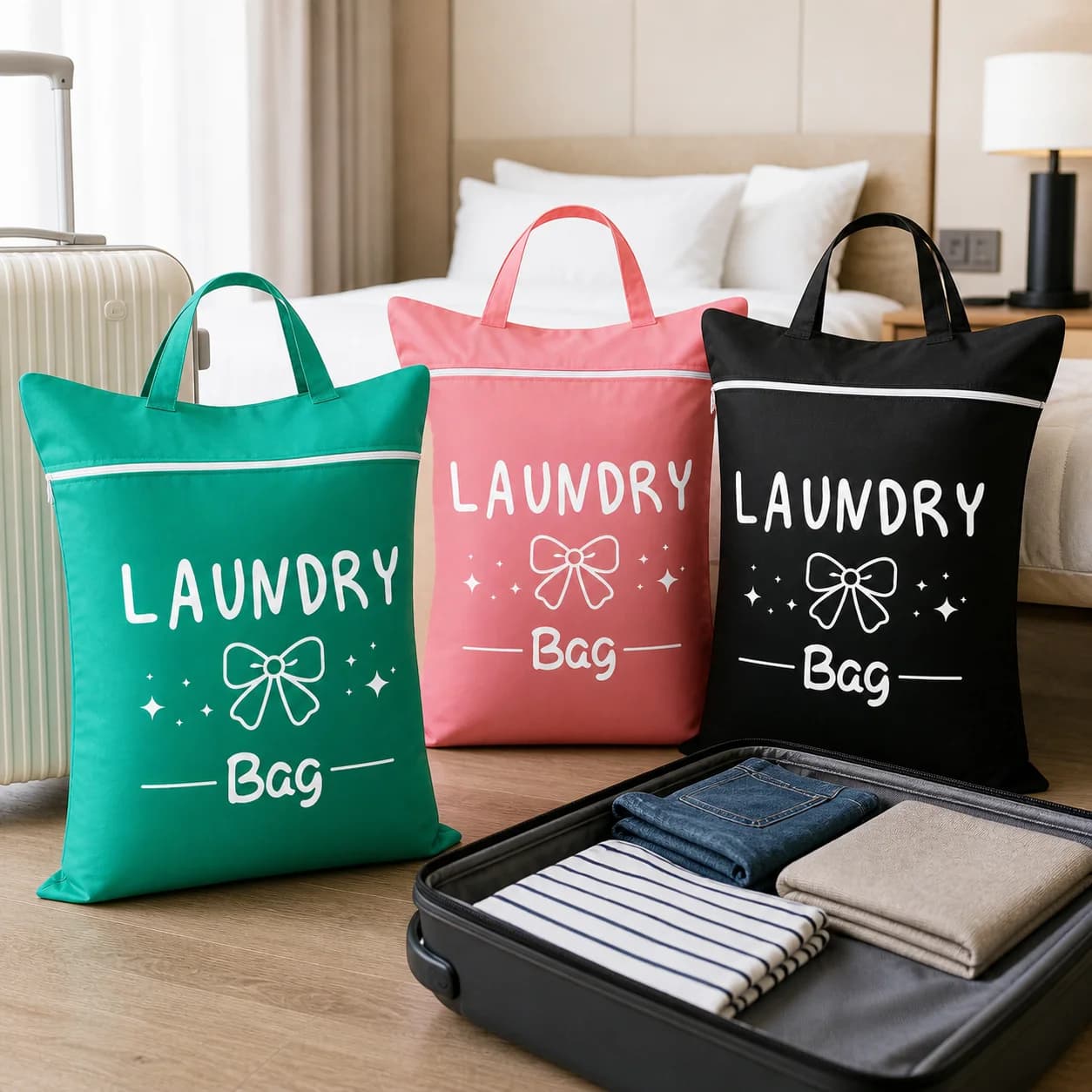 Borsa portaoggetti da viaggio per biancheria, progettata con cerniere scorrevoli per l'uso con entrambe le mani, borsa pieghevole per organizzare i vestiti, adatta per la lavanderia