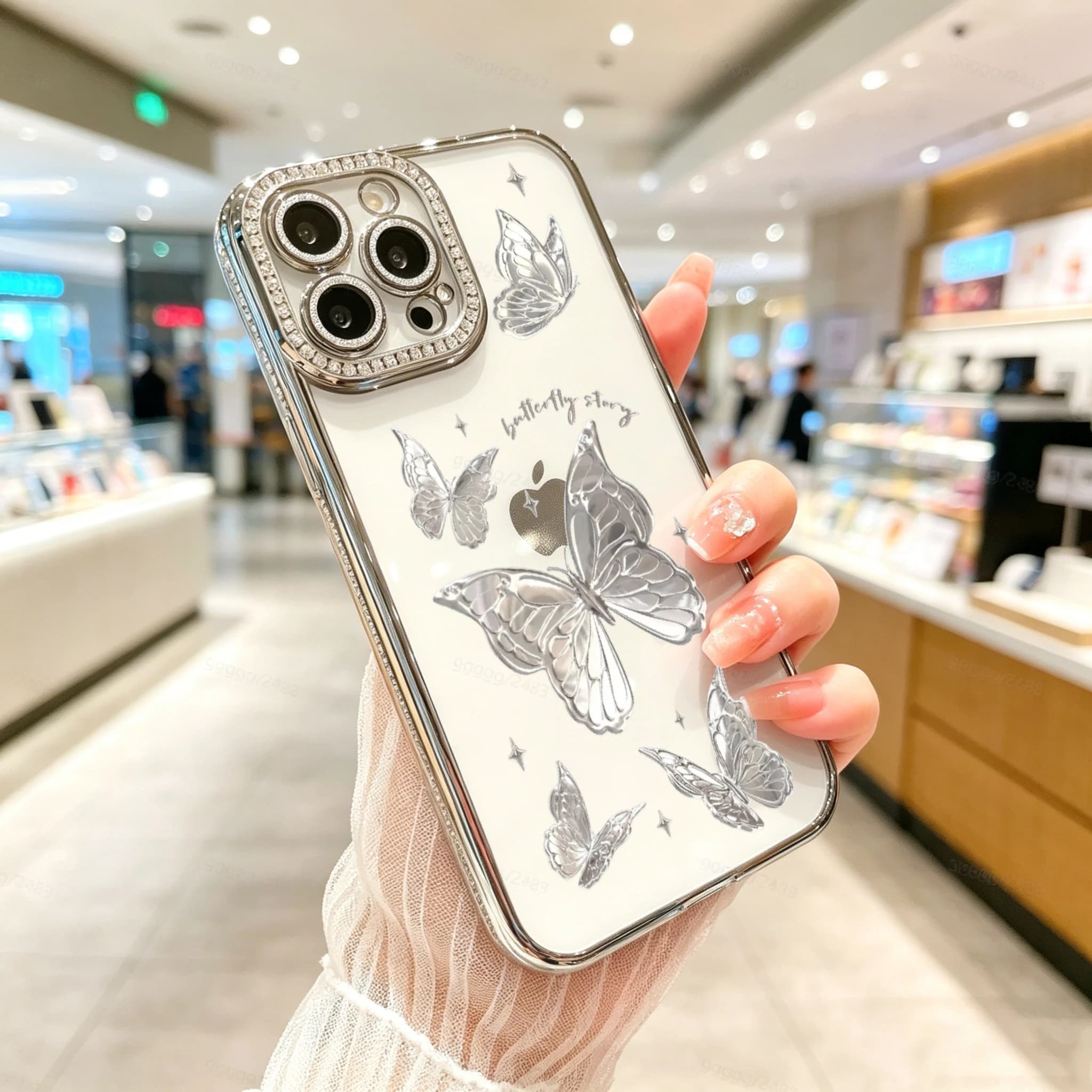 Diamond Electroplated TPU Phone Case for iPhone, Luxury Rhinestone Camera Frame, Silver Butterfly Pattern Phone Case , Luxury Glitter Rhinestone Frame, Built-in Lens Protector, Anti-Slip Shockproof Clear Cover