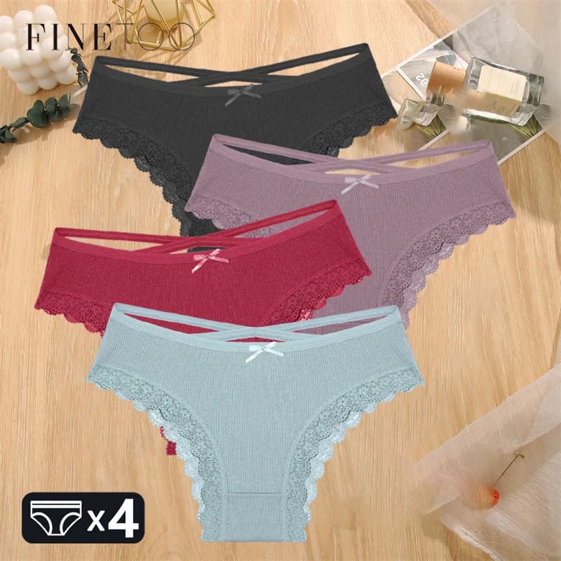 FINETOO 4pcs/Set Women's Cotton Panties Sexy Lace Braizlian Briefs Breathable Striped Underwear Female Cross Belt Solid Lingerie