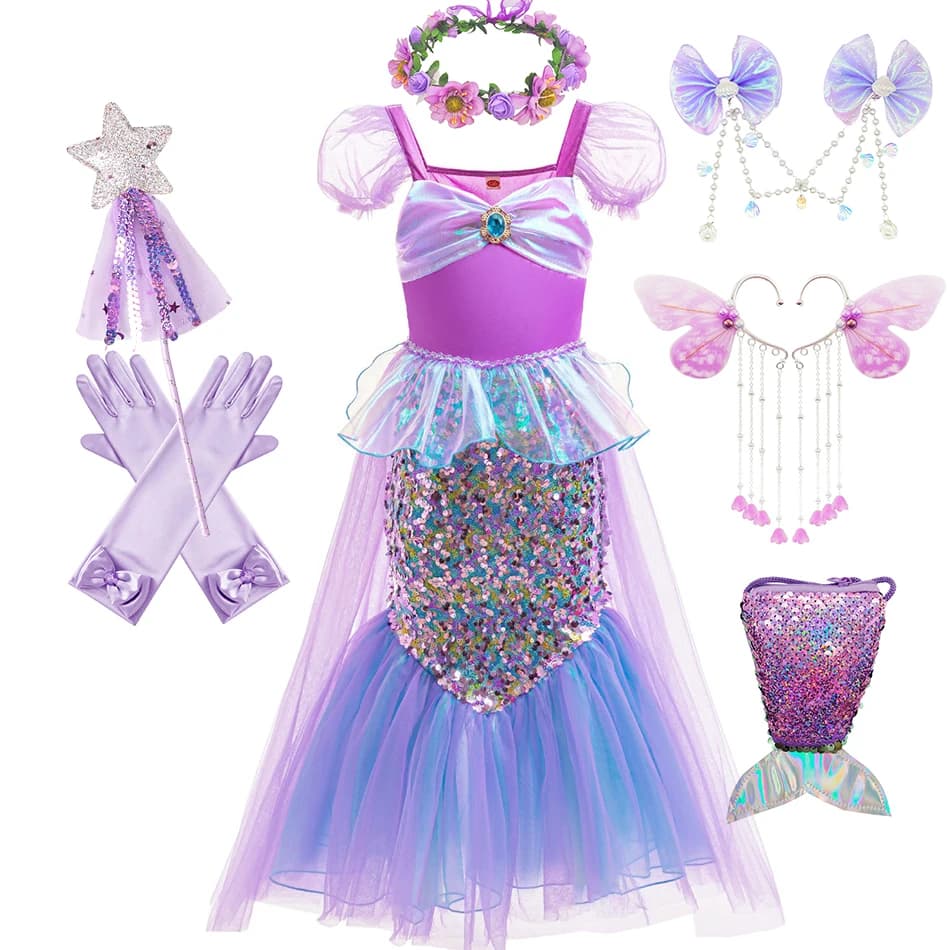 Abito da sirenetta con mantello con paillettes e volant Costume cosplay da principessa per bambini Ariel Fantasy Travestimento Abiti Set di Halloween Purim