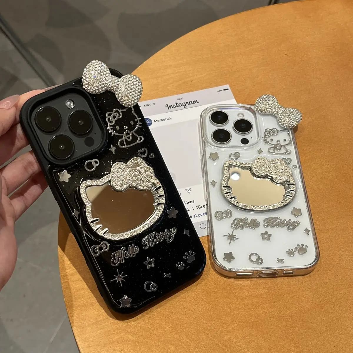 Nuovo Porta Cellulare Hello Kitty KT Cat, Adesivo Decorativo per Telefono, Specchietto per Trucco con Fiocco di Diamanti, Supporto con Airbag, Regalo