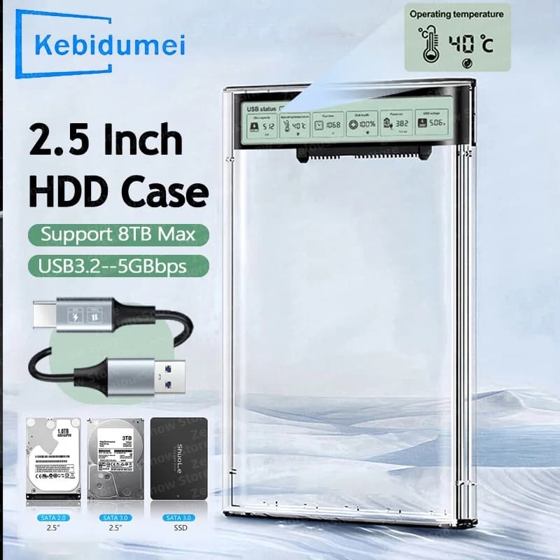 Custodia HDD SSD da 2,5 '' Display intelligente HDD esterno Custodia USB3.2 Gen2 Custodia per disco rigido Custodia portatile trasparente per PC portatile
