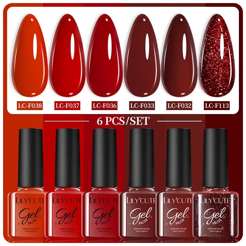 LILYCUTE 7ml 6 pezzi smalto gel ANCOLA rosso glitter inverno semi permanente Soak Off UV LED vernice design kit gel manicure