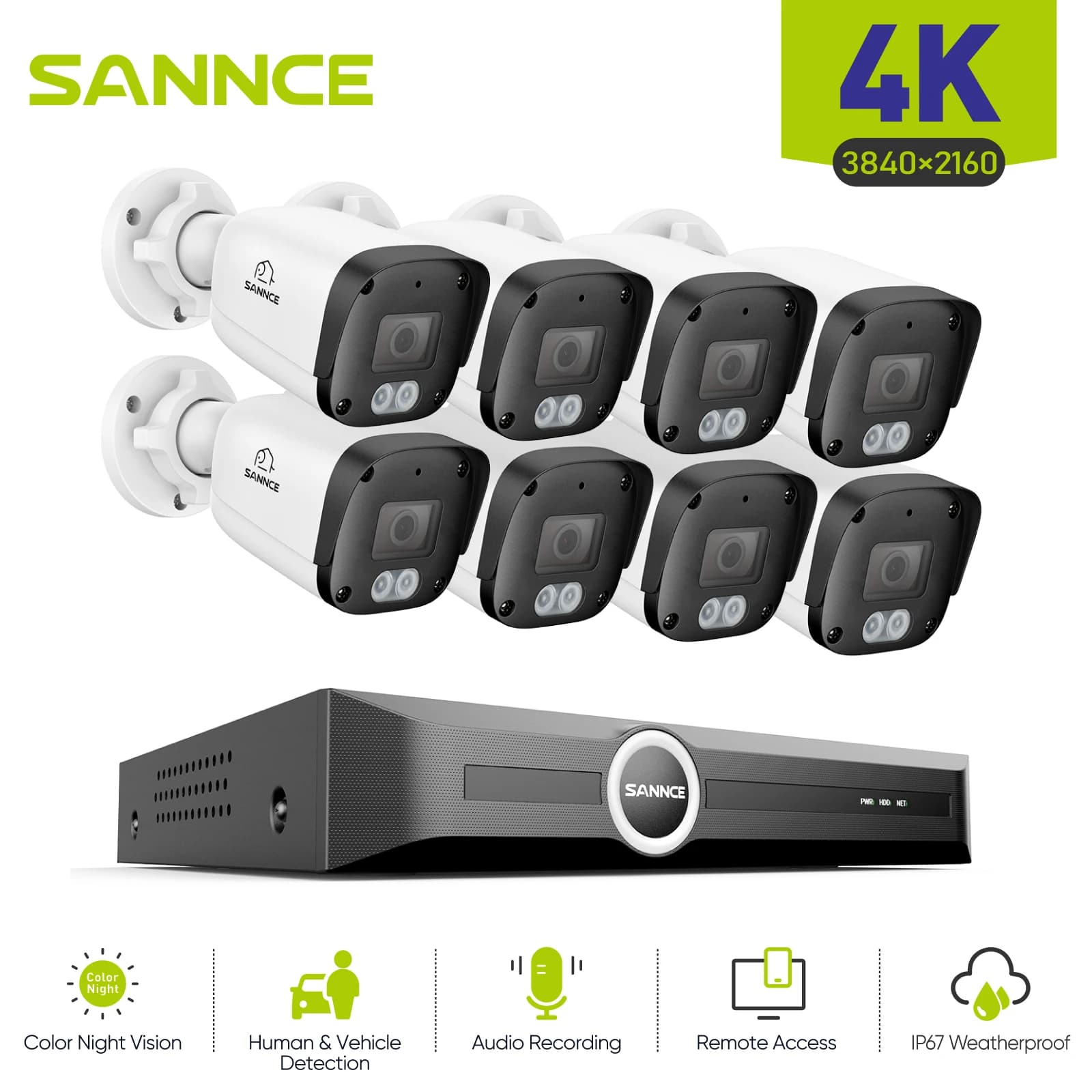 SANNCE 8MP PoE Security Camera Outdoor,IP67 8CH NVR with 2.8mm 4k Bullet cameras ,H.265 Built-in Mic ,AI Human Vehicle Detection ,Dual Light Night Vision home surveillance cameras ONVIF
