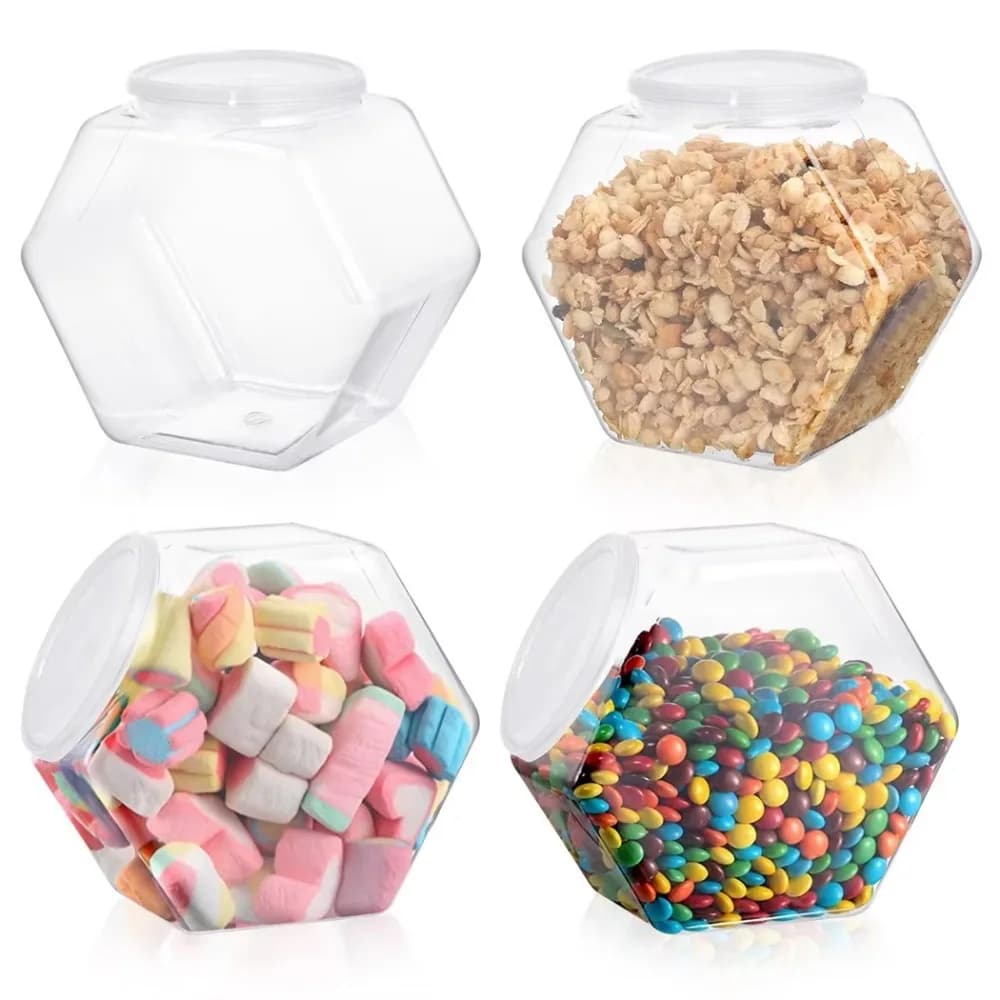 Clear Hexagon Plastic Jar Reusable Food Storage Container Kitchen Supplies With Lids Candy Cookie Packaging Jars